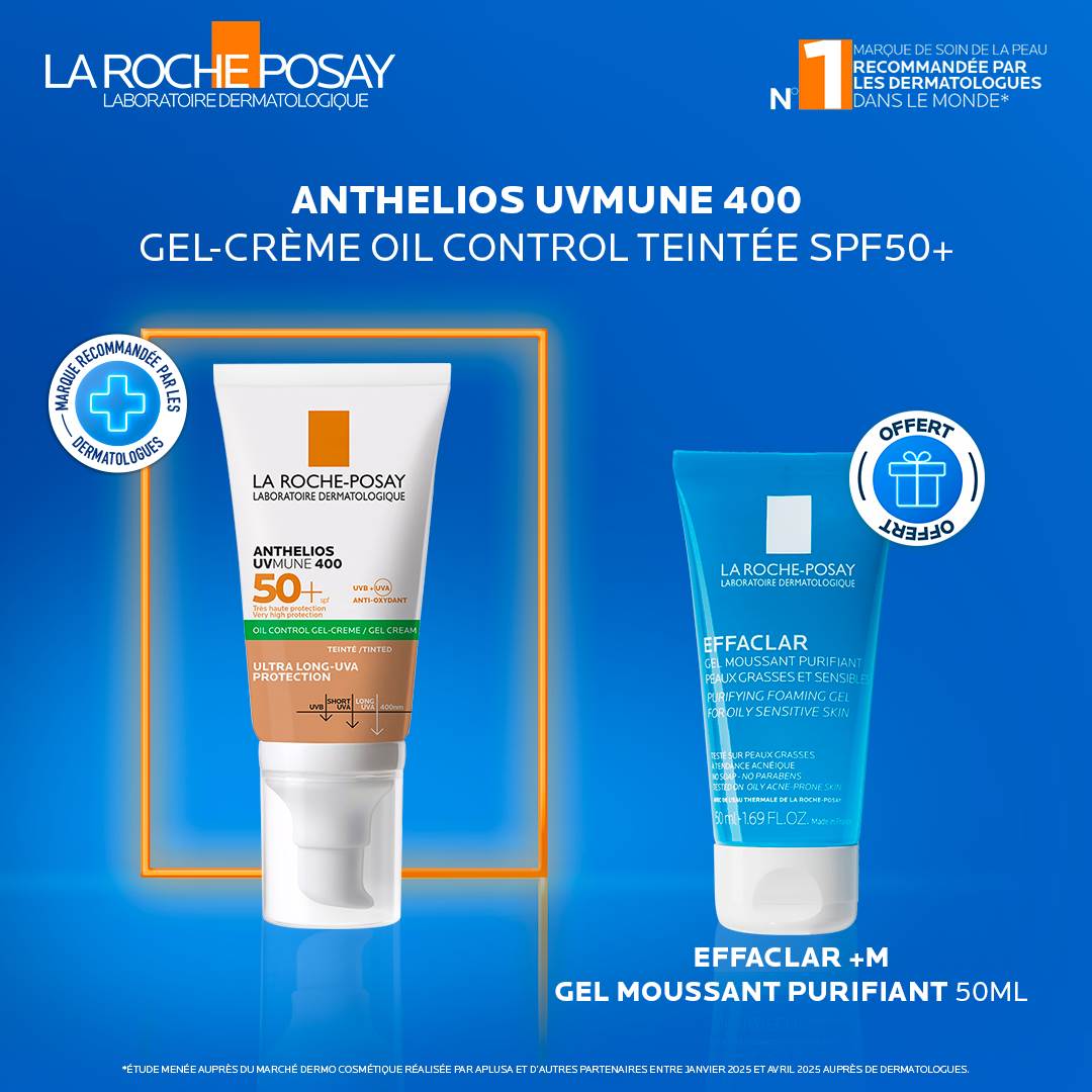 LA ROCHE POSAY OFFRE ANTHELIOS UVMUNE 400 GEL CREME OIL CONTROL TEINTE SPF 50 + GEL MOUSSANT 50ML OFFERT