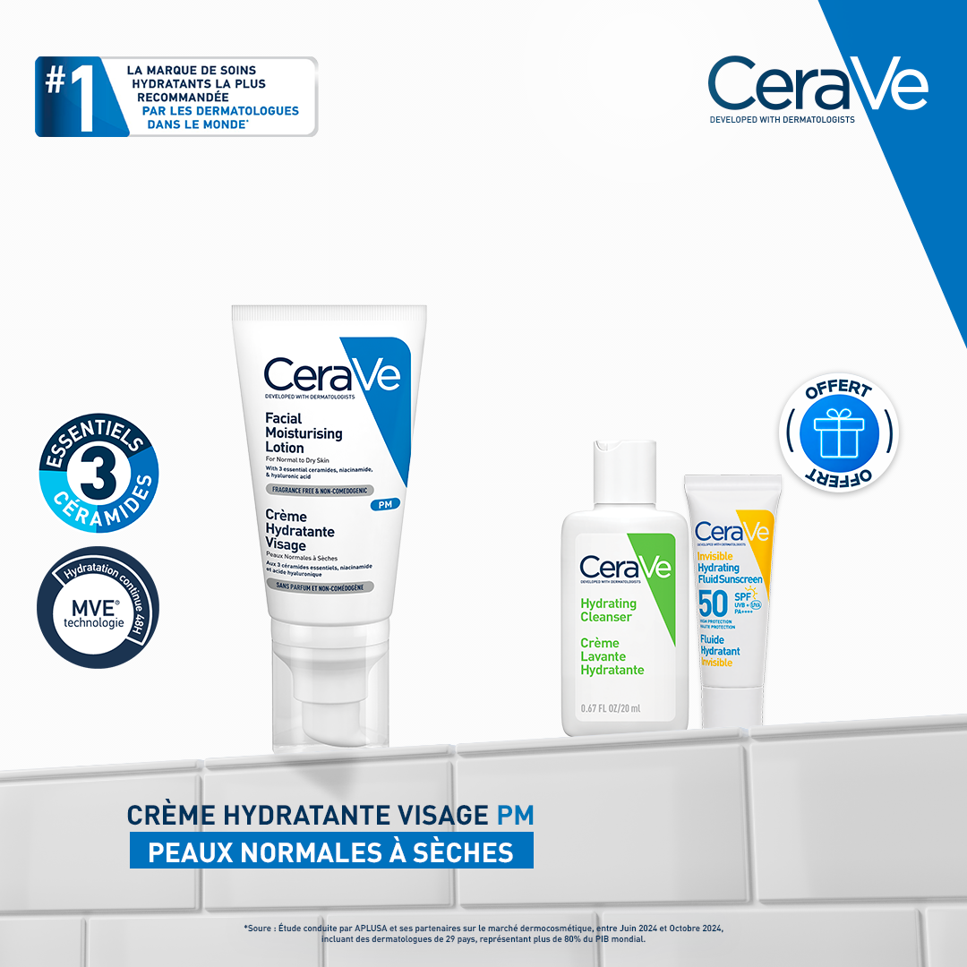 CERAVE CREME HYDRATANTE VISAGE PM 52 ML + GEL MOUSSANT ET FUILDE INVISIBLE FORMAT VOYAGE OFFERTS