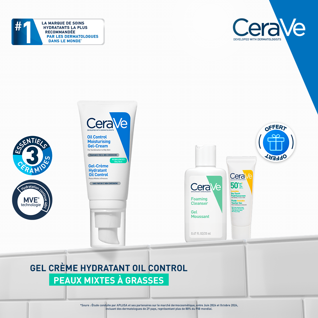 CERAVE GEL CREME HYDRATANT OIL CONTROL PEAUX MIXTES A GRASSES 52 ML + GEL MOUSSANT ET FUILDE INVISIBLE FORMAT VOYAGE OFFERTS