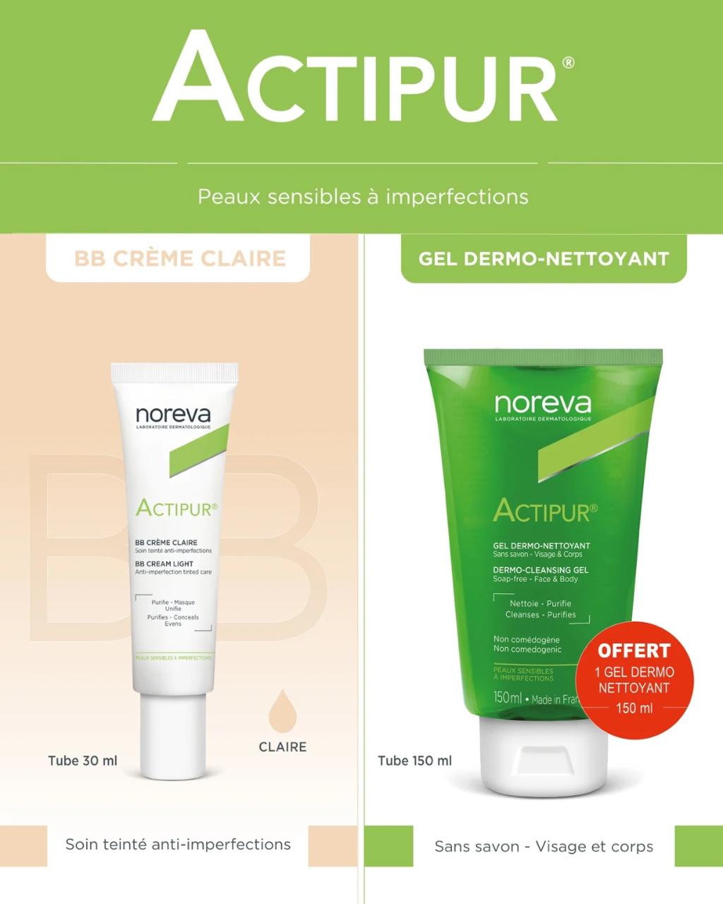 NOREVA OFFRE ACTIPUR BB CREME CLAIRE 30 ML + ACTIPUR GEL DERMO NETTOYANT 150 ML OFFERT