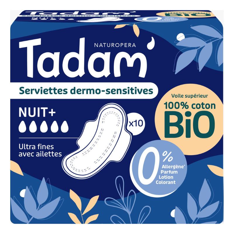 TADAM 14 SERVIETTES DERMO SENSITIVES NORMAL + COTON BIO ULTRA FINE AVEC AILETTES