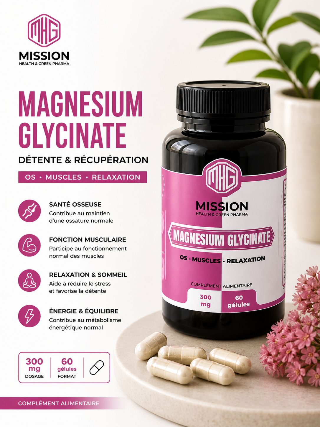 MISSION HEALTH AND GREEN PHARMA MAGNESIUM GLYCINATE 60 GELULES 300 MG