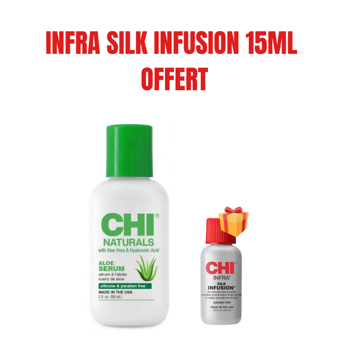 CHI OFFRE NATURALS ALOE VERA ET HYALURONIQUE ACIDE SERUM 59 ML + INFRA SILK INFUSION 15 ML OFFERT