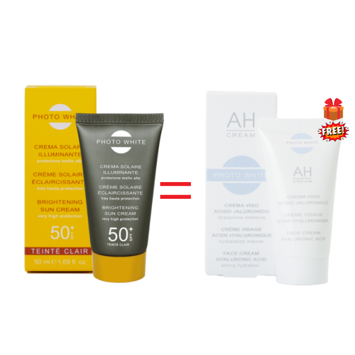 PHOTO WHITE OFFRE CREME SOLAIRE TEINTEE CLAIRE ECLAIRICISSANTE SPF 50+ 50 ML + CREME VISAGE ACIDE HYALURONIQUE 50 ML OFFERTE