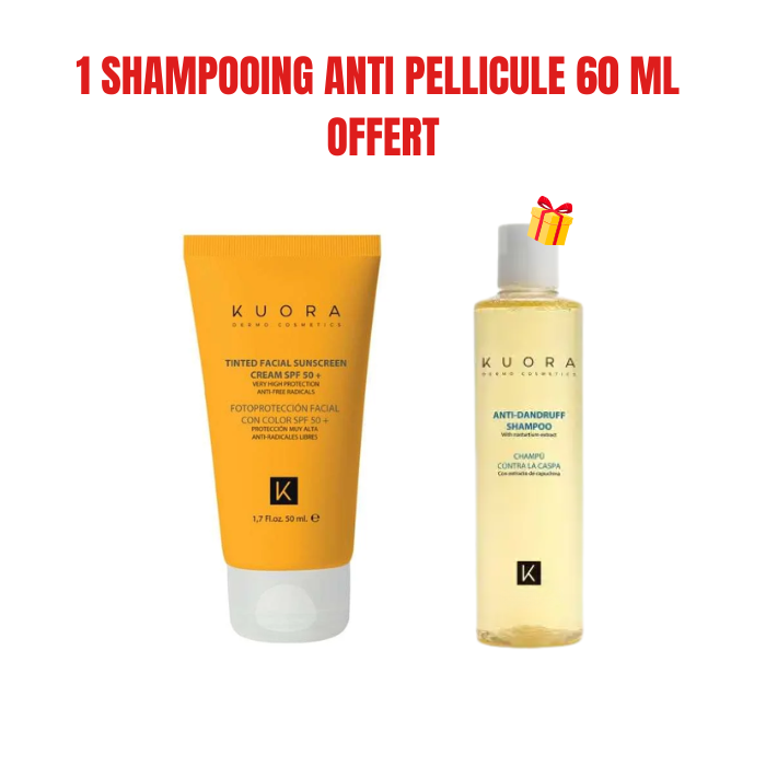 KUORA OFFRE ECRAN SOLAIRE TEINTEE SPF 50+ 50ML + 1 SHAMPOOING ANTI PELLICULE 60 ML OFFERT