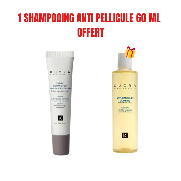 KUORA OFFRE CREME CONTOUR DES YEUX EFFET BOTOX 28 JOURS 15 ML + 1 SHAMPOOING ANTI PELLICULE 60 ML OFFERT