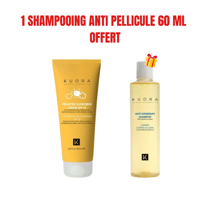 KUORA OFFRE ECRAN SOLAIRE PEDIATRIQUE SPF 50 SANS FILTRES CHIMIQUES 200 ML + 1 SHAMPOOING ANTI PELLICULE 60 ML OFFERT