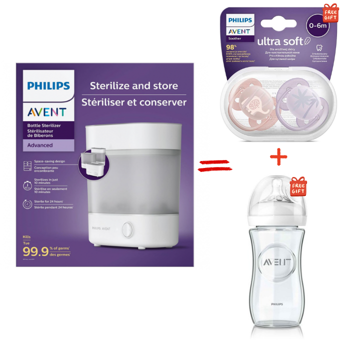 AVENT OFFRE STERILISATEUR DE BIBERONS ADVANCED + BIBERON NATURAL GLASS 240 ML ET SUCETTES ULTRA SOFT 0-6 MOIS OFFERTES